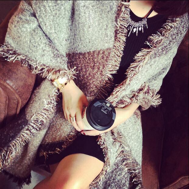 ベベルチェック柄スカーフ女性の秋と冬の厚みのある暖かさのバージョン野生の不規則なフリンジファッションデュアルユースショール潮 ブラック・アイド・ピーズ12224124371