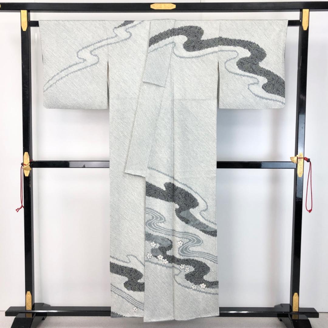 訪問着 総絞り 流水模様 中国刺繍 花模様 沈香茶色 ガード加工 K