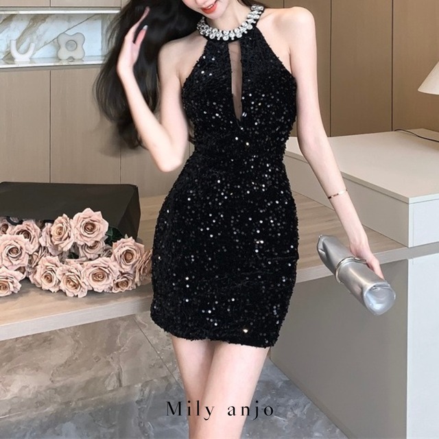 【即納】ホルターネックスパンコールミニワンピース