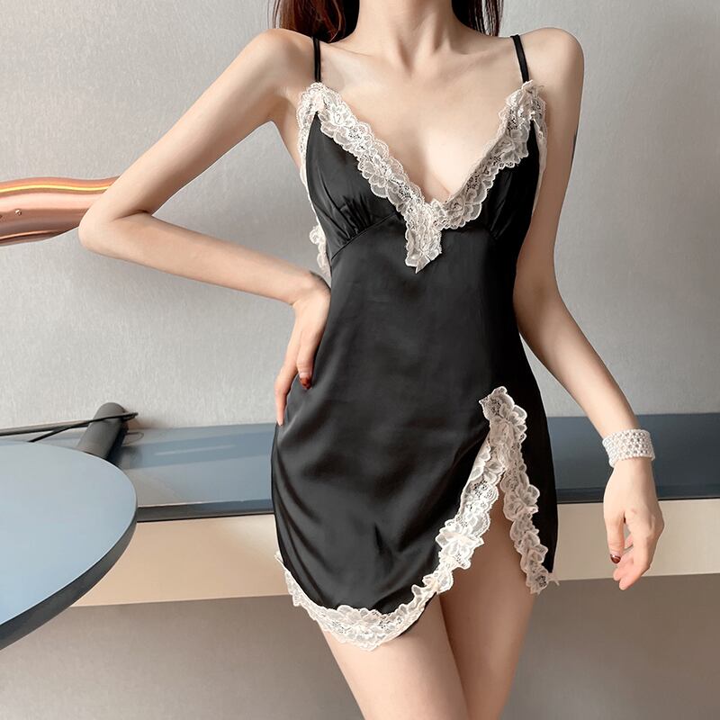 サマーレッドVネックレースショートスカート 夏物 シルク YY-ファッション26419239790