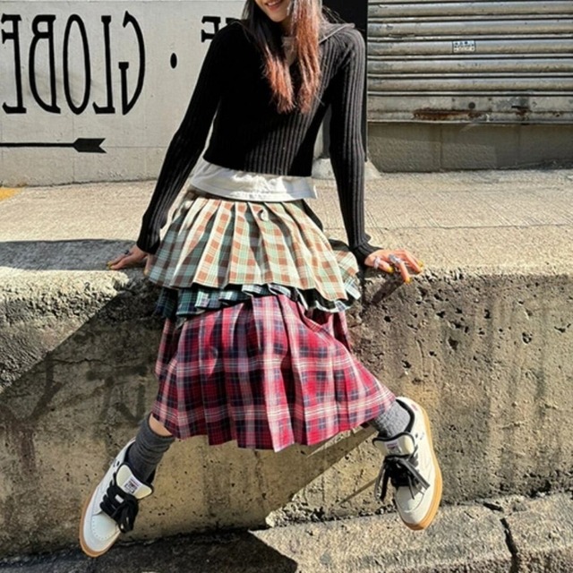 三段レイヤードチェック柄スカート g0351
