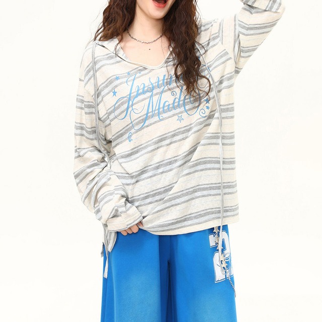 ボーダーレタリングフーディロングスリーブTシャツ 1col R02522