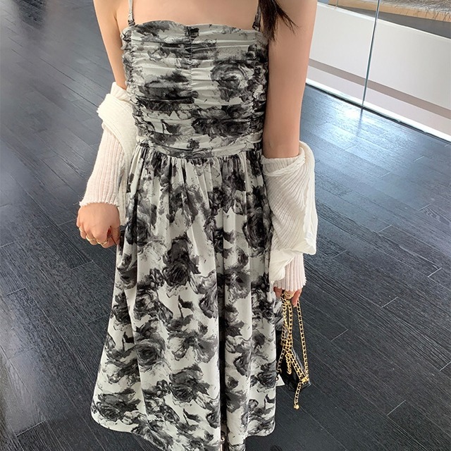 tube top rose print dress　10295