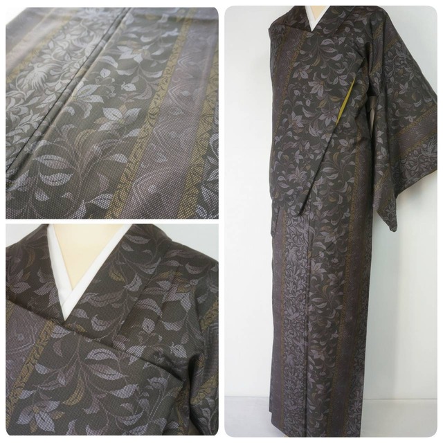 大島紬 9ﾏﾙｷ 手織り 縦縞 花柄 蝶 本場大島紬 泥大島 452 | kimono Re: