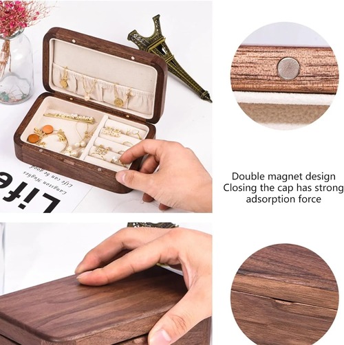 ジュエリーケース　オーガナイザー　アクセサリーケース　アクセサリー収納　小物入れ　アクセサリー入れ　コンパクト　ウォールナット　木製　丸い角　フック付き　フックなし　２種類