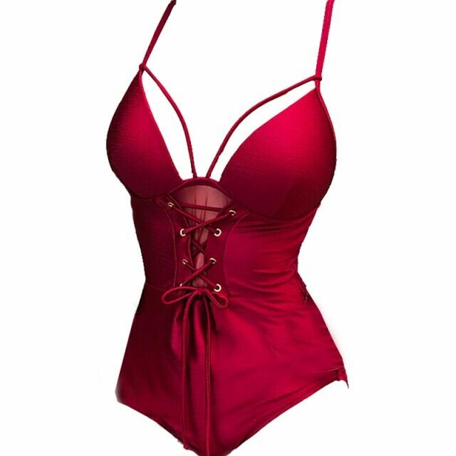 水着 ワンピース ポリエステル レオタード 無地 背中魅せ バッククロス フロントリボン セクシー 代 夏 ビーチ ワインレッド Seaside Hanano