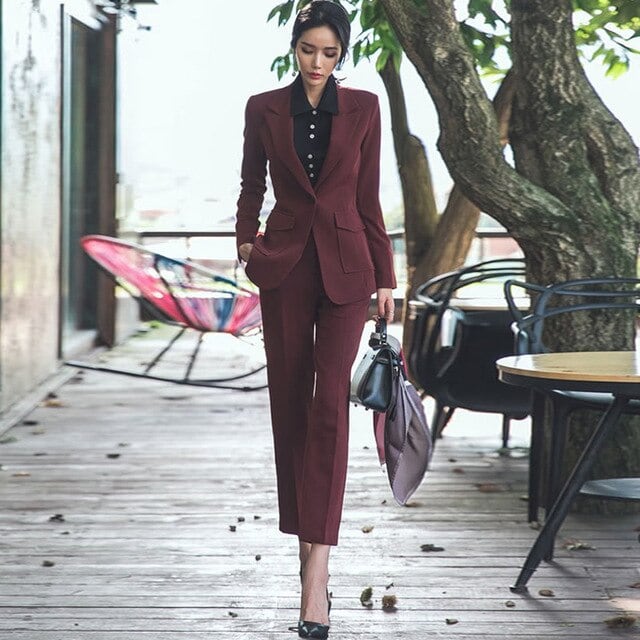 秋 ワンボタンノッチ ブレザーコートロングパンツ バーガンディ 2