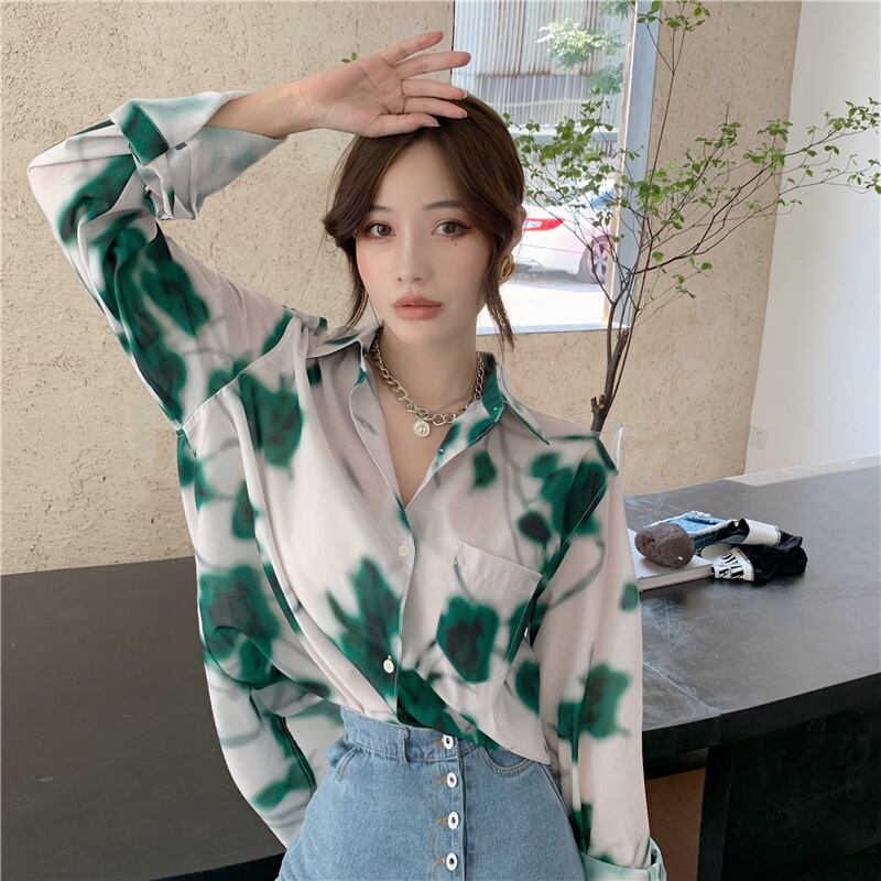 絞り染めルーズスタイル長袖シャツトップス女性の2020年秋新しいワイルドデザインセンスニッチシャツジャケット ブラックストロベリース3661243450