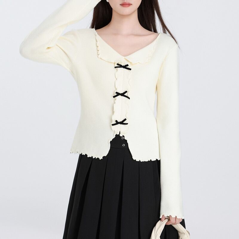 frill ribbon v-neck knit m1343