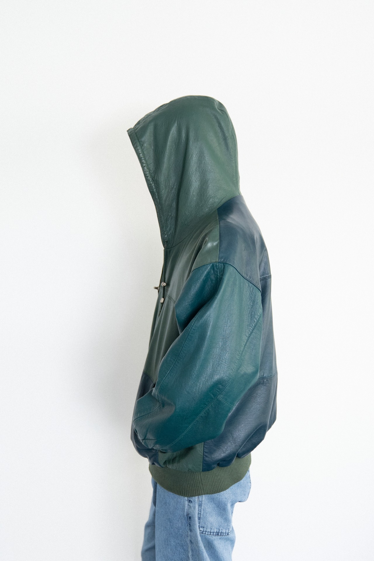 SAXONY green leather hooded half zip jacket