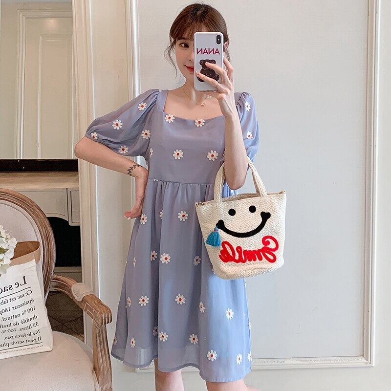 【新作】【送料無料】 8088＃マタニティ服サマーシフォン半袖ルーズスタイリッシュフラワーAラインドレス妊婦ママドレス ショート ハーフスリーブ 夏物 フラワーデザイン AL expec320680308372