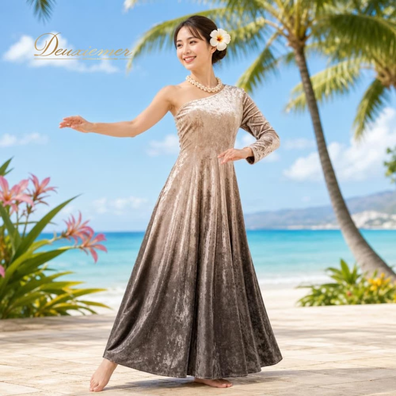 フラダンス 衣装 ALOHA STANDARDS アロハスタンダード ワンピース ドレス ブラック系 グラデーション ワンショルダー ベロア 光沢 上品 きれい 高級感 エレガント かわいい 華やか 鮮やか 明るい 黒 レッスン 練習 ベージュ系 ホワイト系