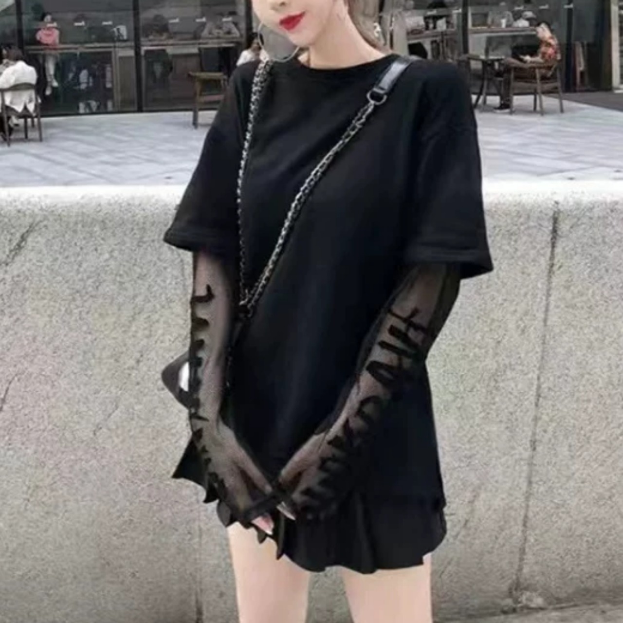 Two-piece mesh panel long-sleeve T-shirt (ME406)