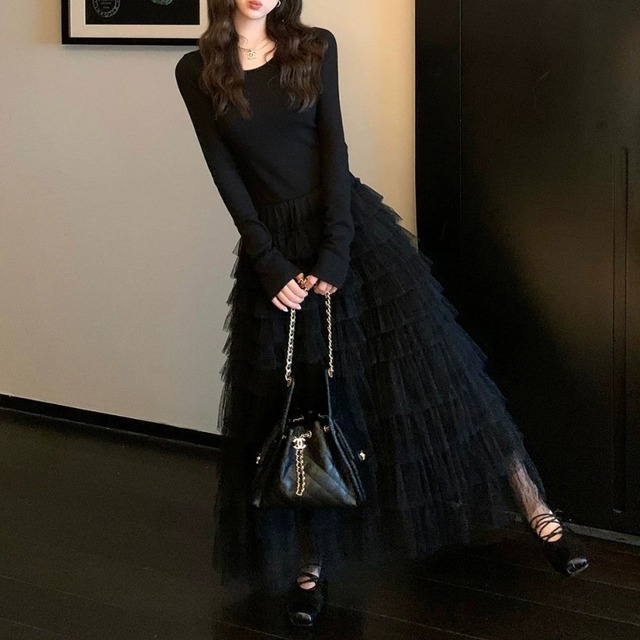Tiered tulle knit dress　M027
