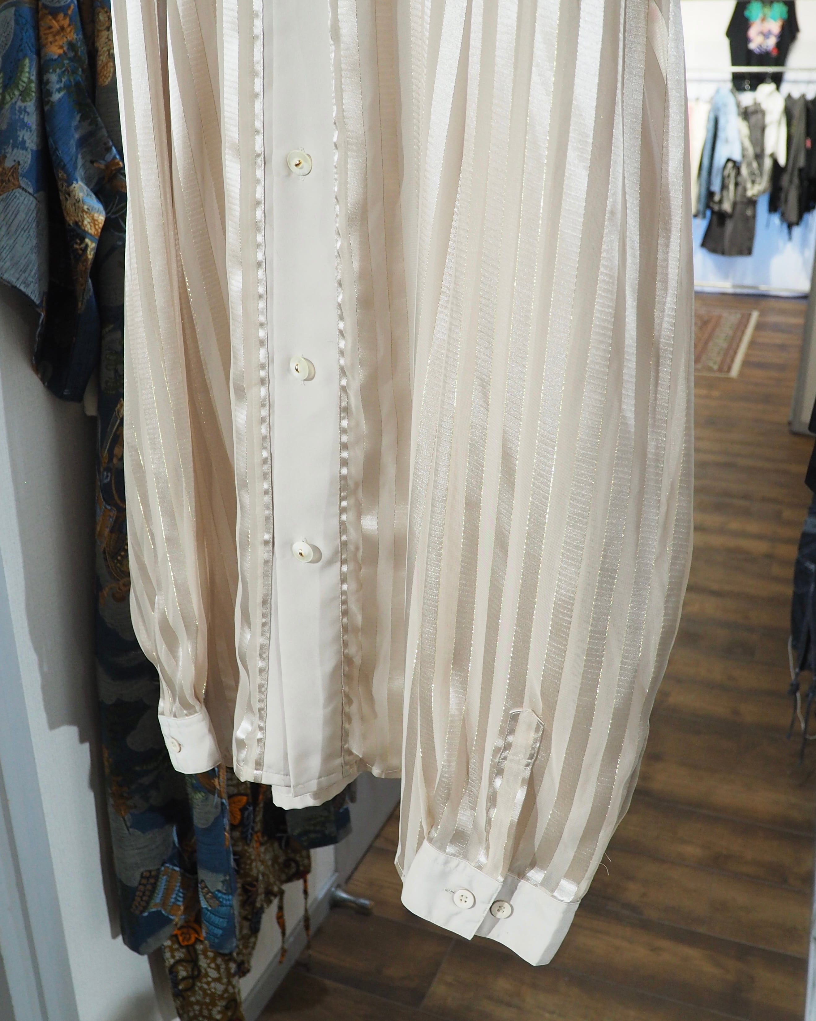 1990s " PRONTI " Sheer stripe Design vintage Drape loose Open collar Shirt