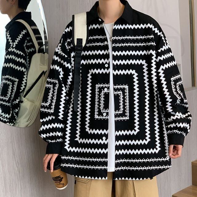 【予約販売】シャツ 長袖 メンズ オーバーサイズ ライン 幾何学模様 総柄 グリーン ブラック ホワイト モノトーン カジュアル シンプル こなれ感 お洒落 韓国 トレンド 春 夏 秋 M/L/XL/2XL