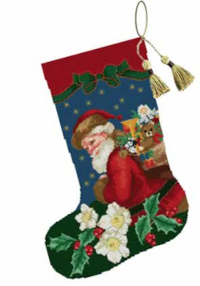クロスステッチ図案「EMS023 Christmas Rose Stocking」クリスマスローズとサンタさんの靴下:C-2137