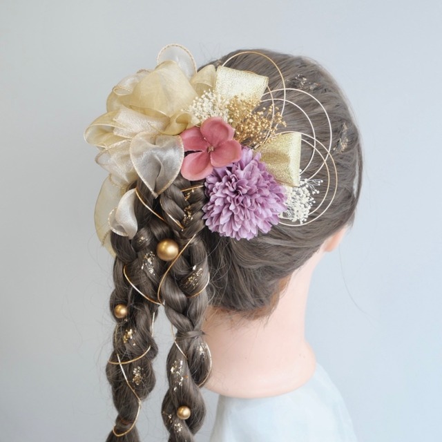 A174 オーガンジーリボン　ドライフラワー　ゴールド　紫髪飾り 卒業式　成人式　振袖　結婚式　
