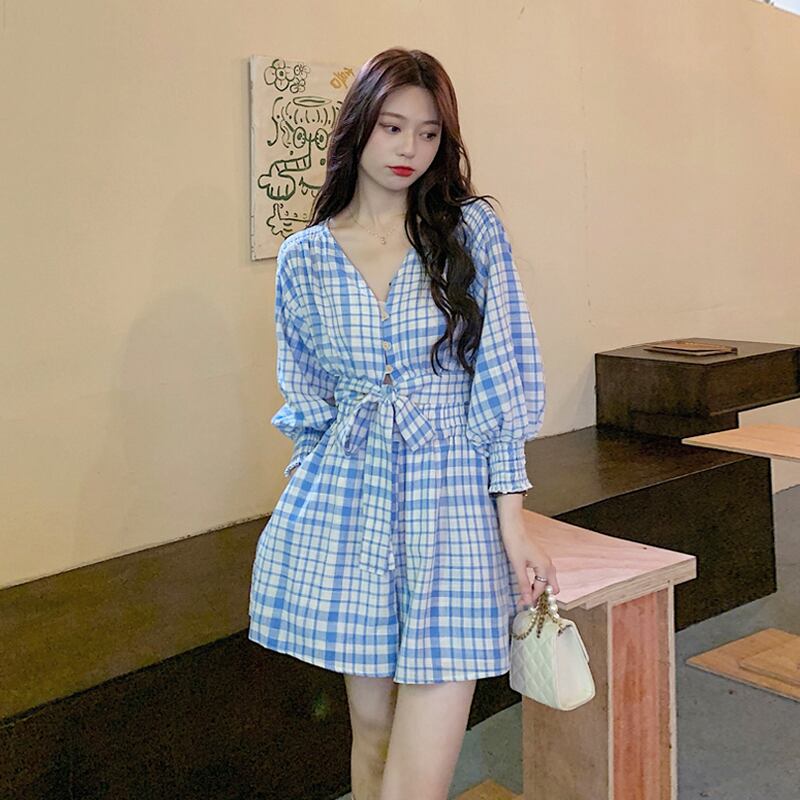 レッドパンツ レディースサマースタンダードVネック格子柄シャツ レトロ 夏物 スーパーモール18447472052