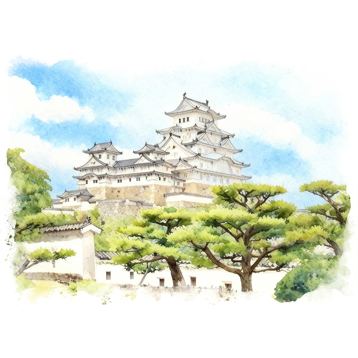 姫路城の絵　HT生作 （額装済み油絵） 絵画 風景画 日本の城 兵庫県姫路城 インテリアアート額付き 水彩画