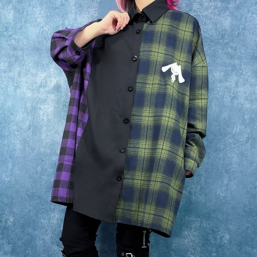 A18545 美品 GroundY チェック切り替え アシンメトリーシャツ 紺1 超OVERSIZE 袖丈アシンメトリーチェック柄切替シャツ | NIER CLOTHING