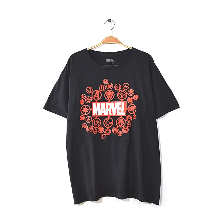 マーベル スーパーヒーローズ ロゴプリント クルーネック Tシャツ メンズXL ブラック 大きいサイズ アメカジ MARVEL @BB0330
