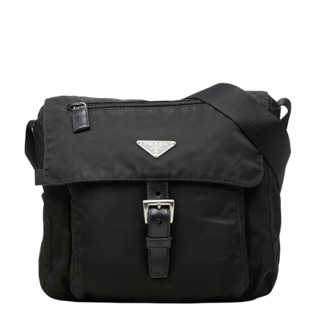プラダ 三角ロゴプレート 斜め掛け ショルダーバッグ ブラック ナイロン レディース PRADA 中古