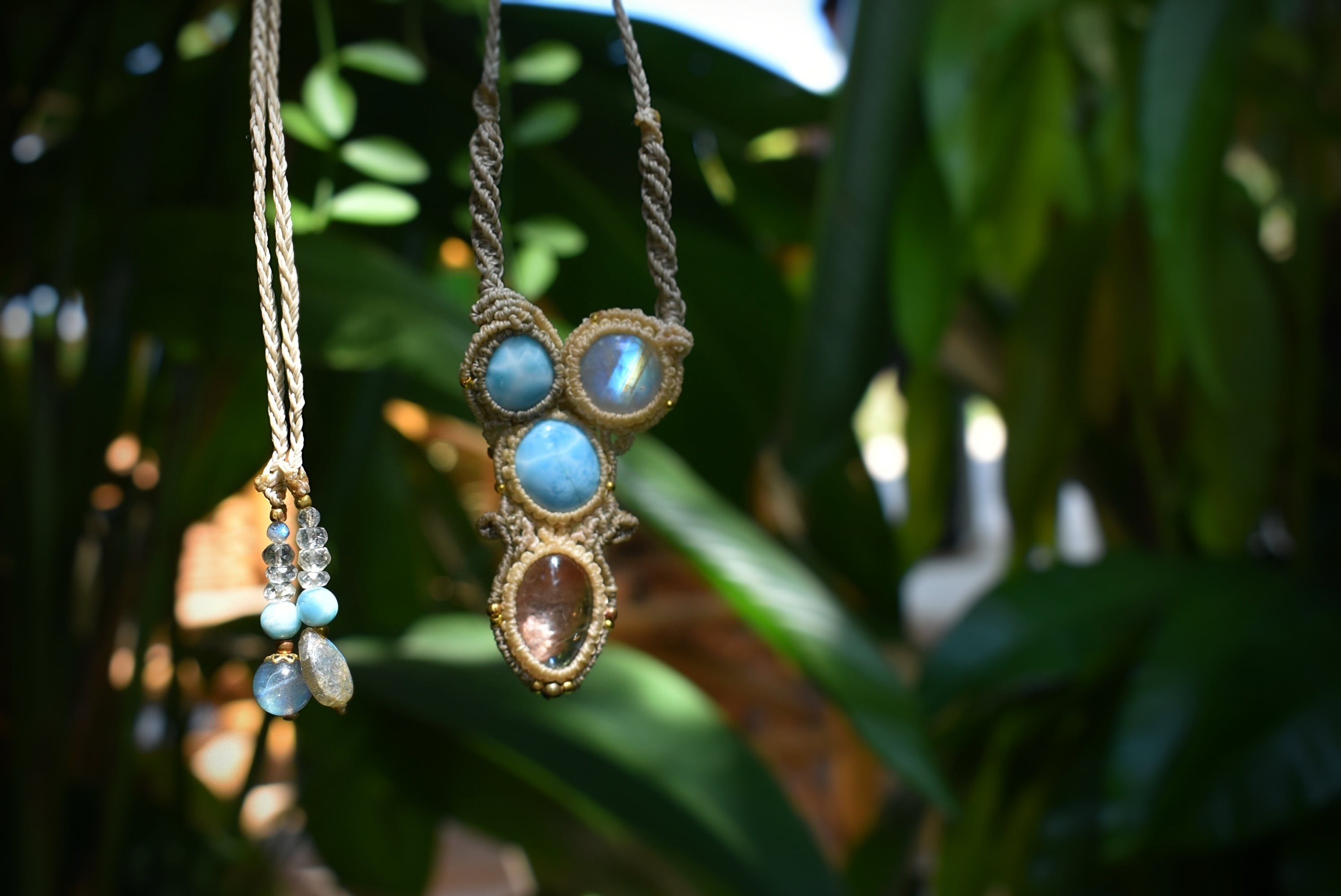 高品質☆ラリマーとホワイトラブラドライト☆マクラメペンダント