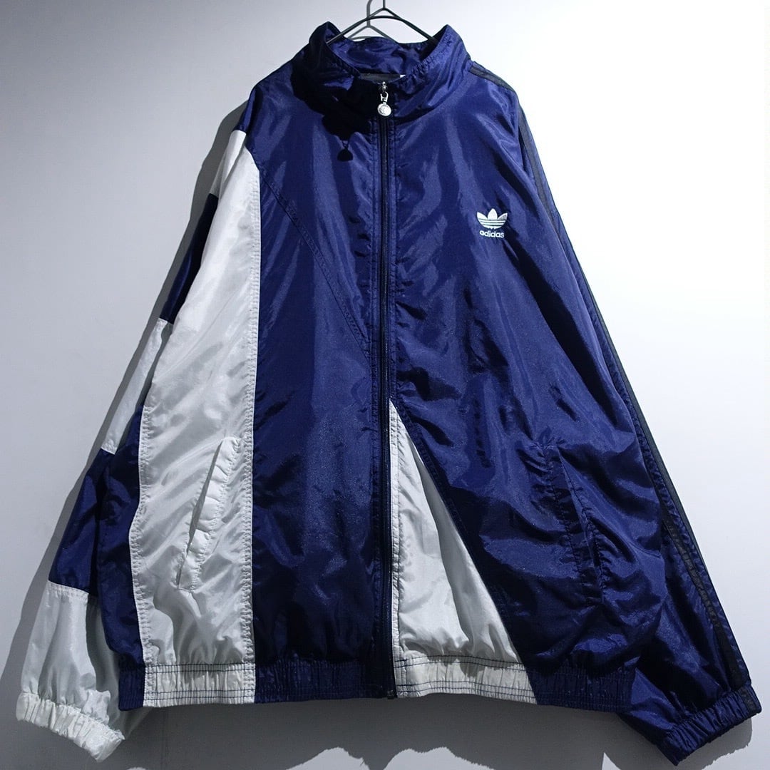 90s "adidas" Navy & White Logo 3-Stripes Asymmetrical Design Nylon Track Jacket