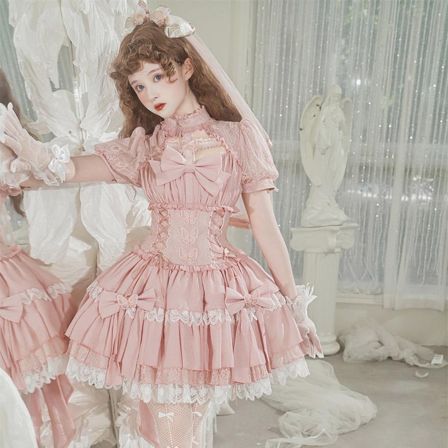 甘ロリ ワンピース ピンク×半袖×レースアップリボン｜WithU | ゴスロリ