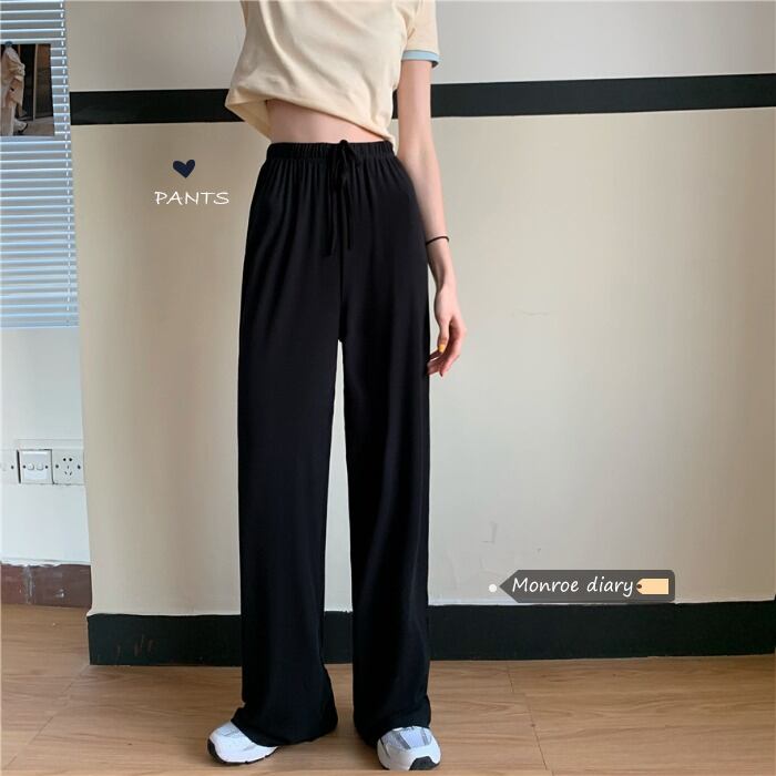 ウェストスリムパンツ スプリングカジュアルレディースルーズブラックワイドレッグ 春物 ワイドパンツ モンロー32000455084