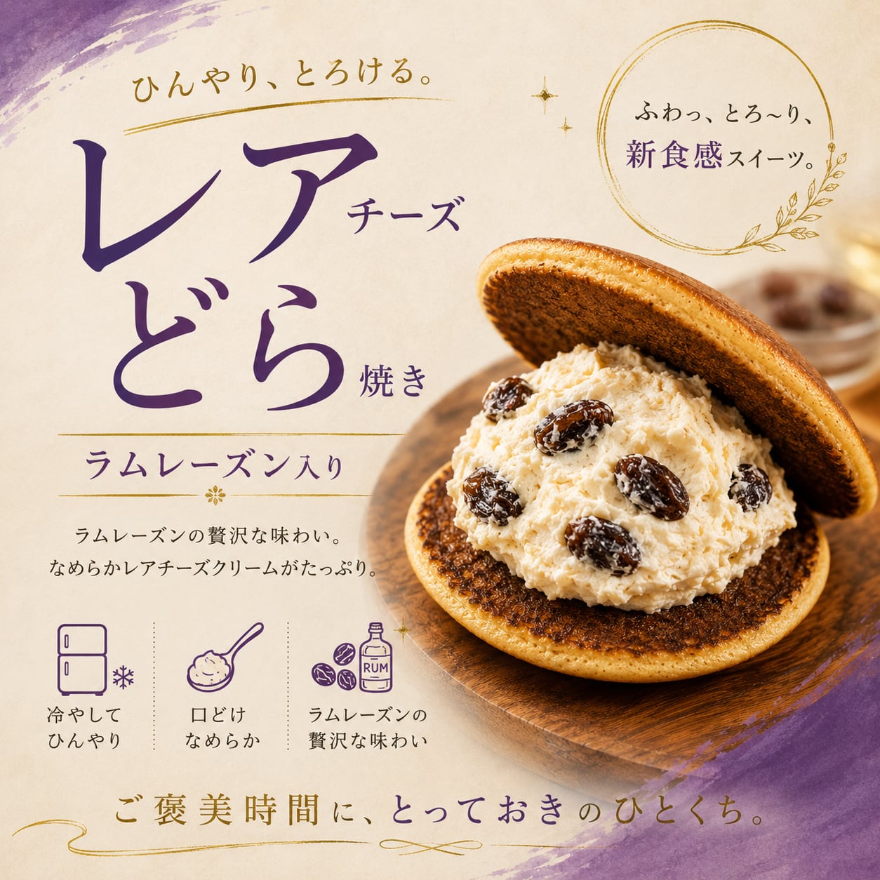 ラムレーズン入りレアチーズ生どら焼き 一個
