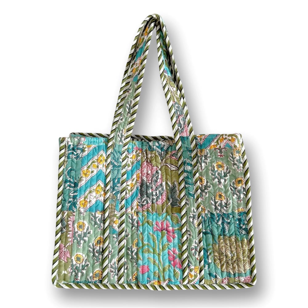 コットンキルトボストンバッグ ブロックプリント パッチワーク ピンク