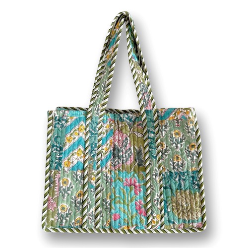 ミニトートバッグ　ブロックプリント　パッチワークコットンキルト　ブルーグリーン