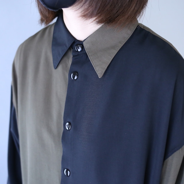 "black×khaki" bi-color switching design loose silhouette shirt