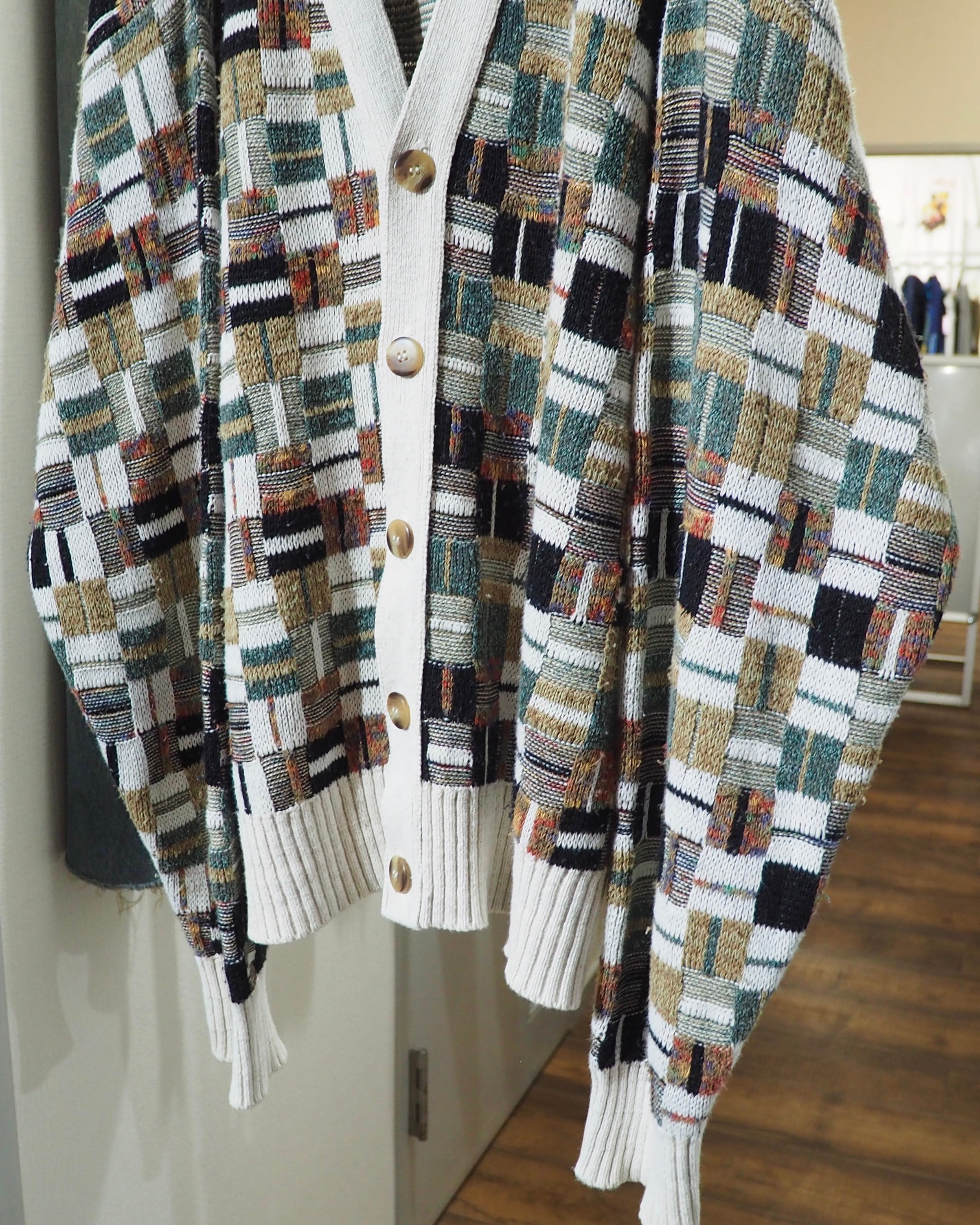 1990s Multi Color Block Weaving Vintage Loose Knit Cardigan