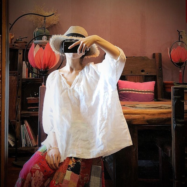 薄手プリントルーズシャツ ピュア Yiranxuaディースワード91916244405