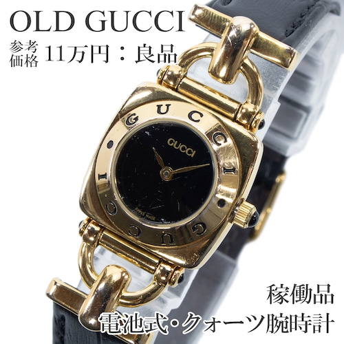 稼働品 送料無料 オールドグッチ 腕時計 クォーツ レディース 6300L 黒 ゴールド スクエア ヴィンテージ 90s ホースビット クレスト X630
