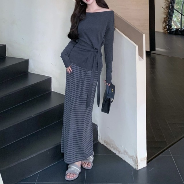 Off shoulder elegant strap border long knit dress set up ( 2color )