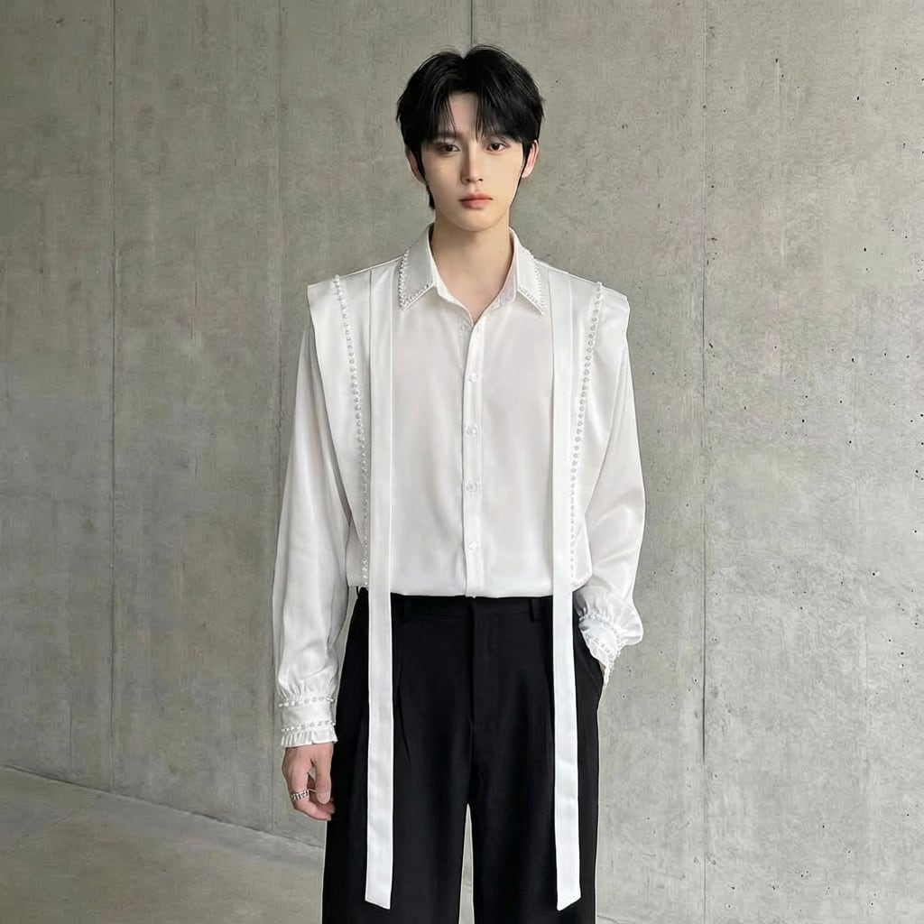 パールファッションリボンデザイン長袖シャツ D11903