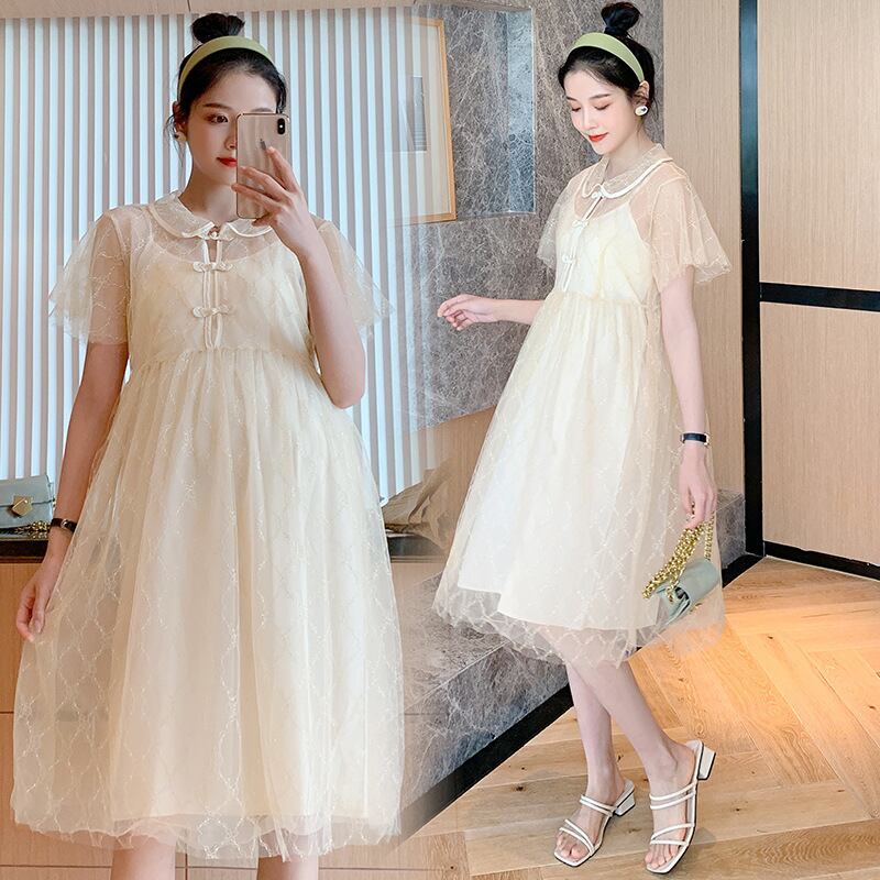 【新作】【送料無料】 マタニティウェア2020夏の新しいネットガーゼチャイナドレスディスクボタンドレス、年齢を減らすミドル丈の小さな新鮮なマタニティドレス-アリババ サマー 夏物 expec219202192079