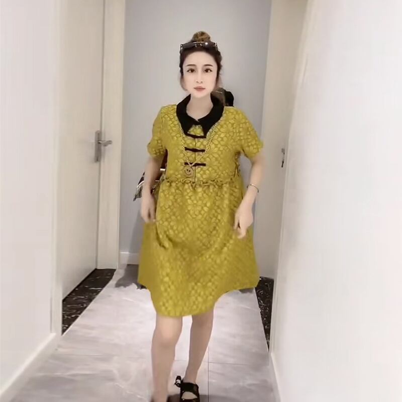 スタンダードダークパターンボタンルーズドレス サマー レトロ 大きめサイズ 夏物 ミックスインファッション44476787237