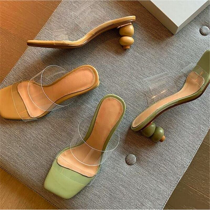 【新作】【送料無料】 電球ファッションセクシーなスクエアヘッドレディースハイヒールアプリコットグリーンキラキラハイヒール夏カジュアルスリッパ 靴 シューズ ミュール サマー 夏物 スクウェア 10b358221541434