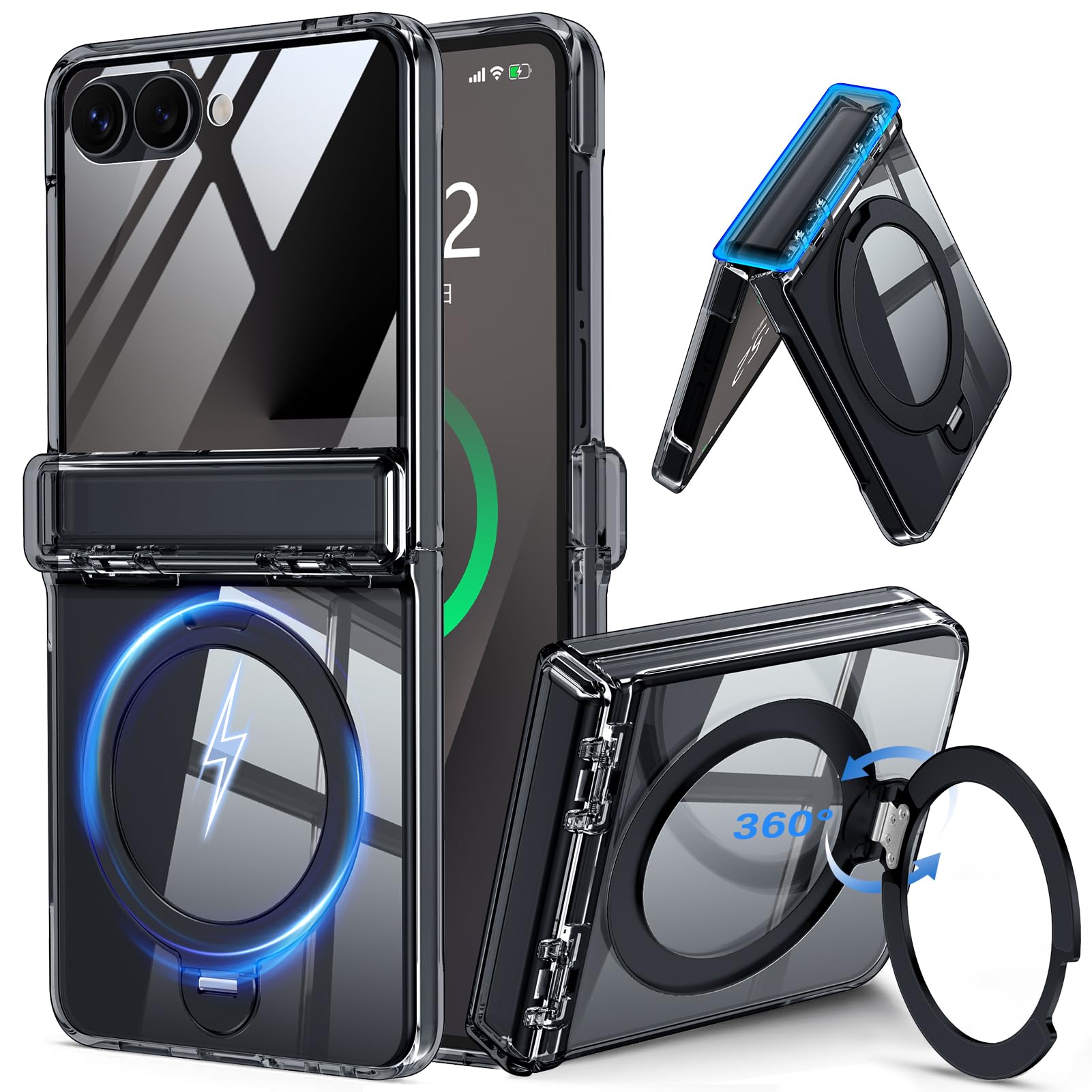 Galaxy Z Flip8 用 ケース バネ内蔵・自動閉鎖式ヒンジカバー 9H強化ガラスフィルム一体型 米軍MIL規格 クリアカラー・ブラック