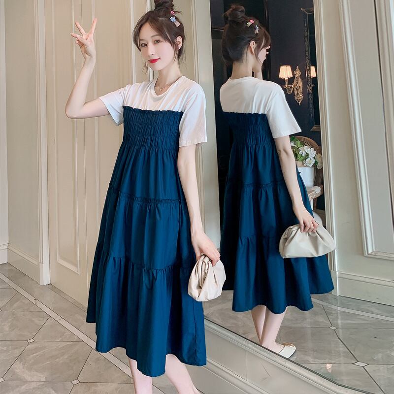 【新作】【送料無料】 マタニティウェア2020夏の新しいスプライシング偽のツーピース年齢減少ドレスミドルレングスファッションマタニティドレス-アリババ サマー 夏物 expec222170212884