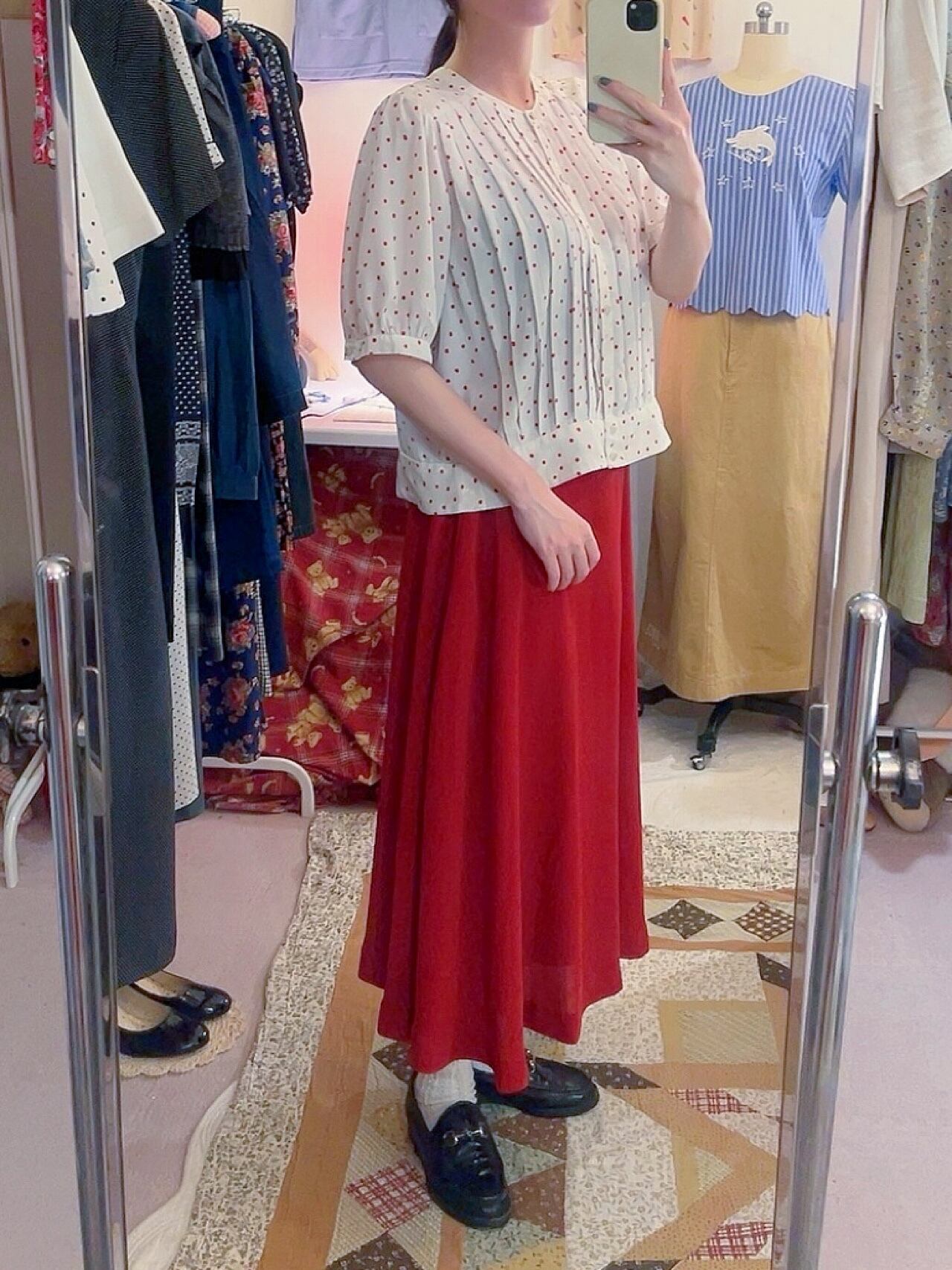 red dot pleats white blouse