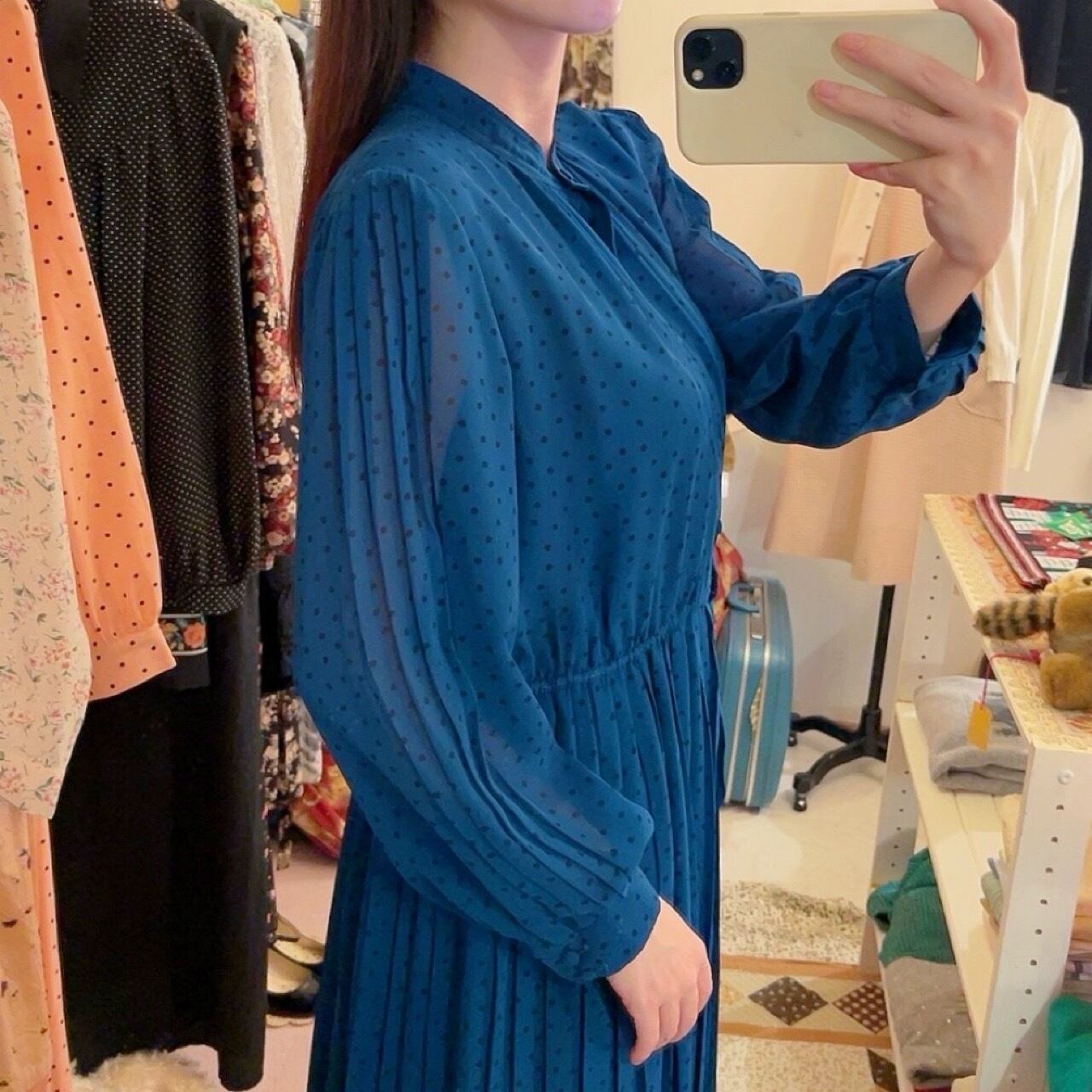 blue green dot pleats one-piece