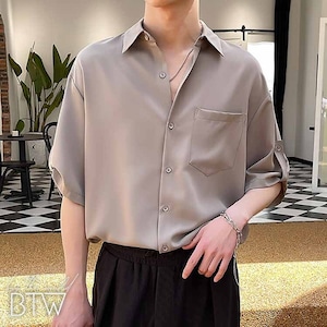 【韓国メンズファッション】袖ロールアップ5分袖シャツ きれいめ 大人コーデ シンプル ベーシック BW2225