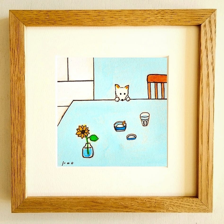 原画・イラスト】「バニラアイス」 ※木製額縁入り（18㎝角）犬の絵