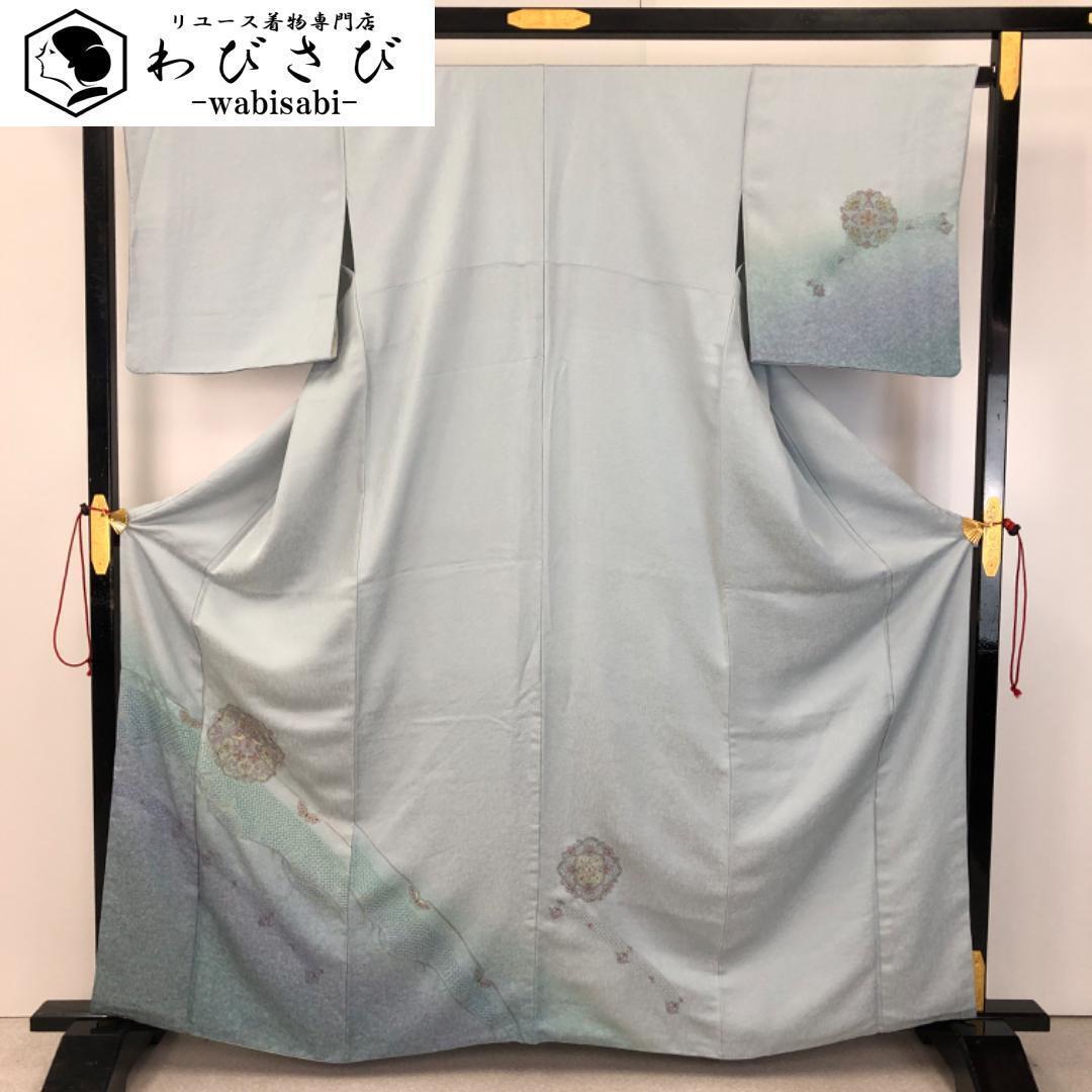 付下げ 椿の花模様 友禅 縮緬 暈し染 淡水色 しつけ糸 K-3933